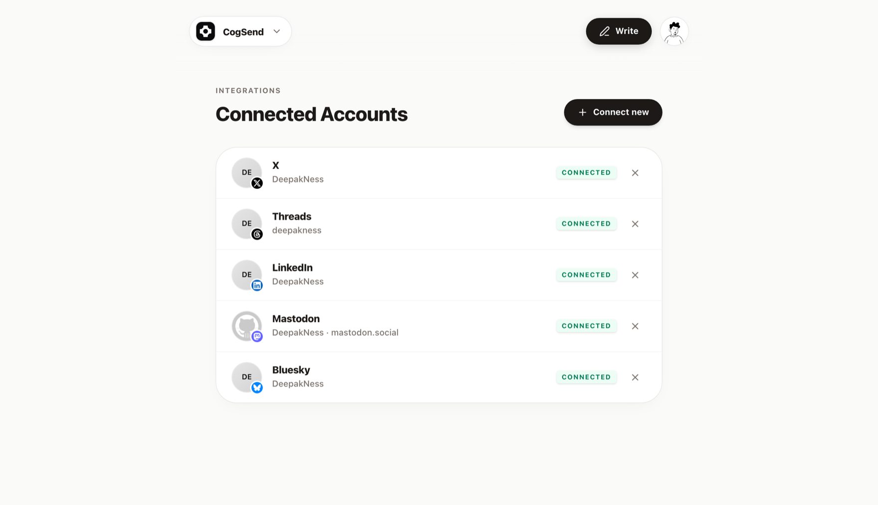 The Connected Accounts page: X, Threads, LinkedIn, Mastodon and Bluesky, each with a green Connected badge, and a Connect new button above the list.
