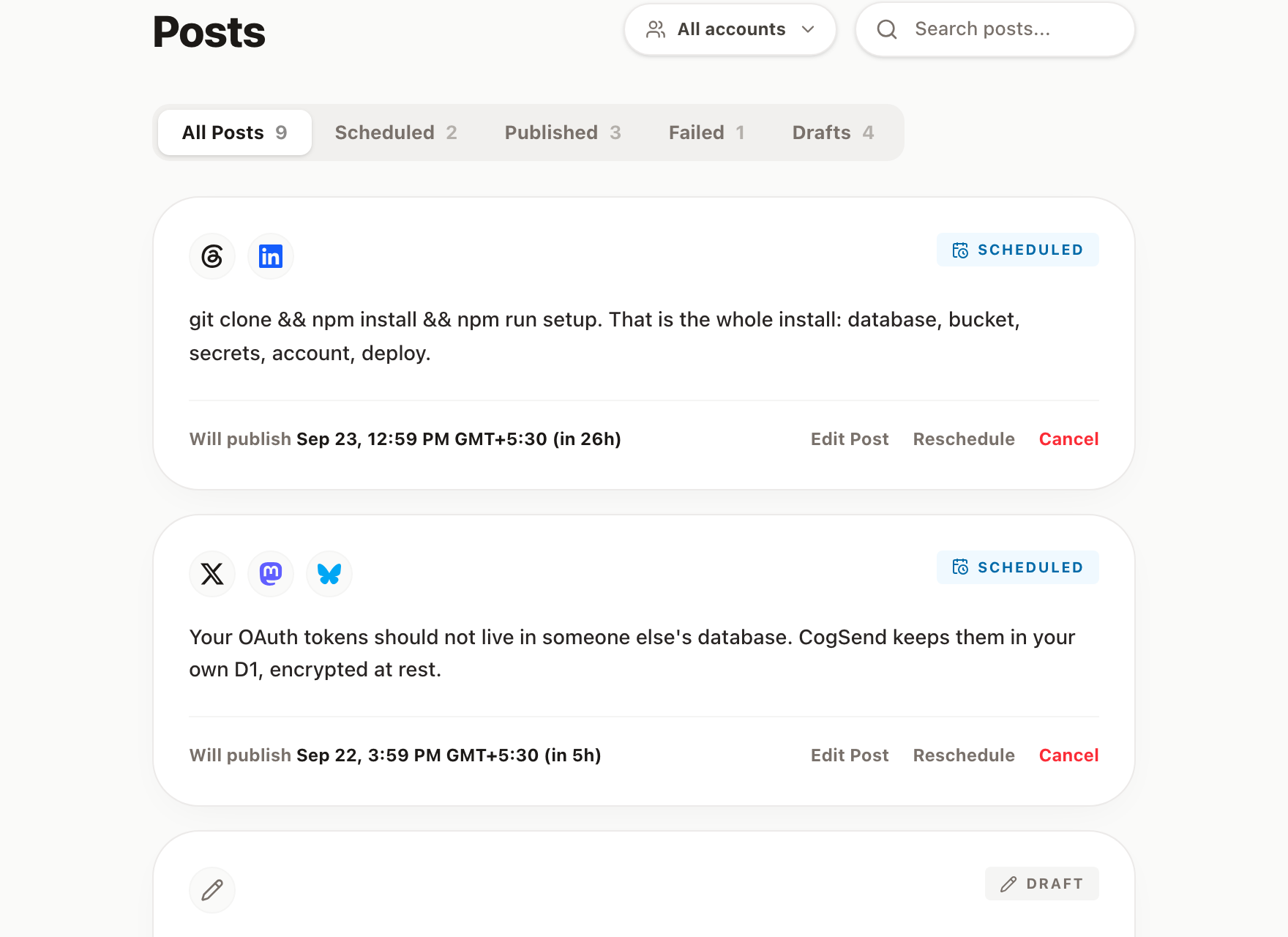 The Posts page: status filters with counts for All Posts, Scheduled, Published, Failed and Drafts, over scheduled cards showing platform icons, the post text, and a Will publish time with Edit Post, Reschedule and Cancel actions.